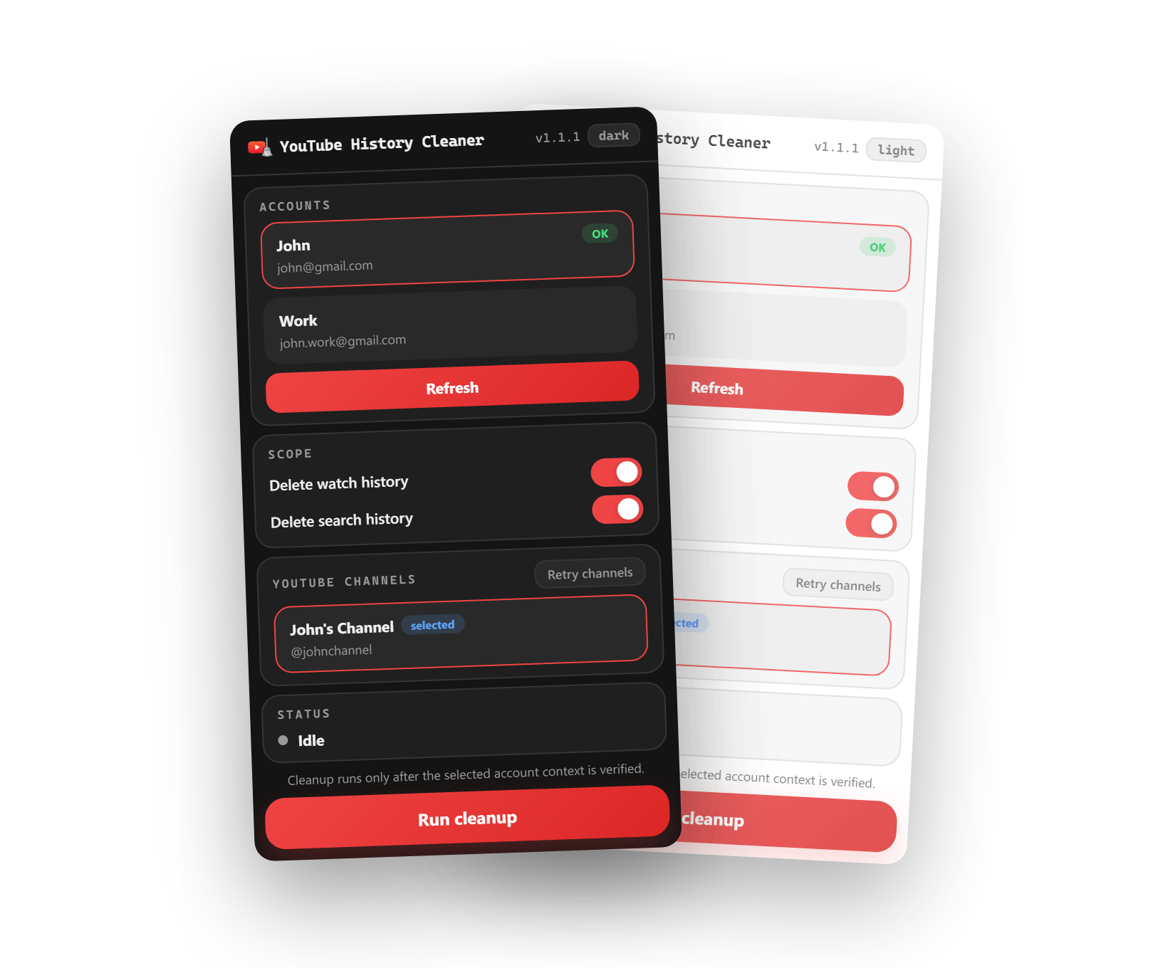 YouTube History Cleaner popup — dark and light mode